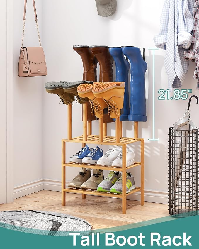 viewcare Small Boot Rack with Shoe Rack, Boot Rack Organizer Tall Boots for Closet, Bamboo Wood Shoe Shelf Storage Organizer for Entryway Small Space