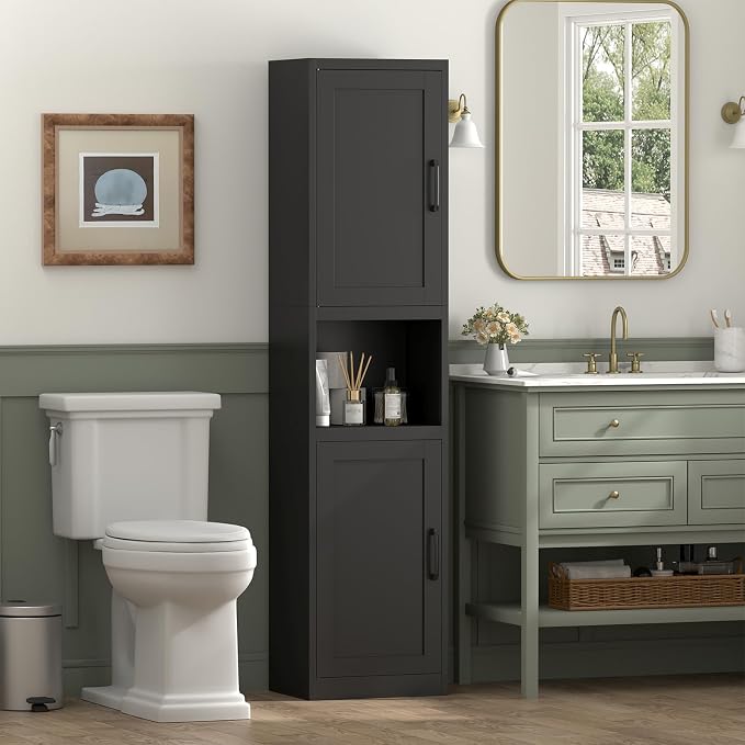 Bathroom Storage Cabinet, 67" H Tall Bathroom Storage with Shelves and Doors, Narrow Bathroom Storage Cabinet for Home, Metal Slim Storage Cabinet, Black