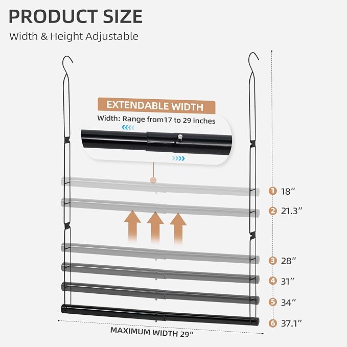 STORAGE MANIAC Hanging Closet Rod, Adjustable Width and Height Closet Hanging Organizer, Space-Saving Clothes Hanging Bar, Closet Extender Hanging Rod Double Closet Hanging Rod, 1 Pack Black