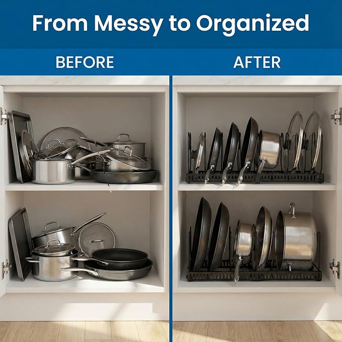Expandable Pots and Pans Organizer for Cabinet – Heavy Duty Carbon Steel Pot & Pan Rack with 10 Adjustable Dividers, Wave Slot Cookware Holder for Pans, Lids, Bakeware, Countertop or Under Sink, Black
