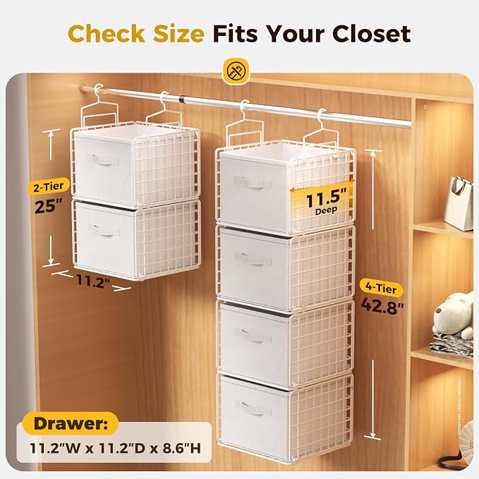 4 Tier Hanging Closet Organizer with 4 Drawers, Metal Closet Organizers and Storage with 4 Hanging Hooks for Wardrobe Laundry Room Garage, Wire Storage Shelf for Clothes Sweaters Pants, White