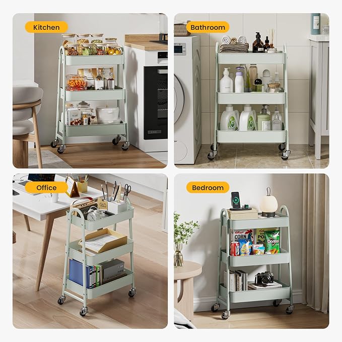DUMOS 3 Tiers Rolling Cart, Utility Cart, Metal, Light Green | Mobile Storage, Lockable Wheels, Utility Shelving Unit, Kitchen, Bathroom, Laundry, Narrow Places