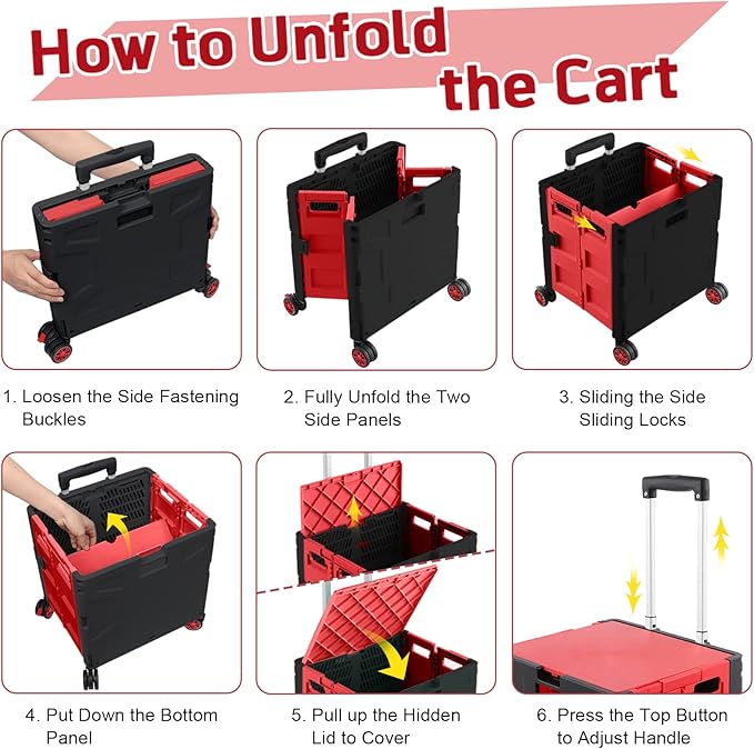 FELICON Folding Utility Cart Portable Rolling Crate Handcart with Durable Heavy Duty Plastic Telescoping Handle Collapsible Hidden Lid 4 Rotate Wheels for Travel Shop Move Office Teacher(Red&Black)