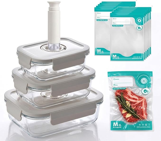3-Piece Rectangle Glass Vacuum Food Storage Containers Set with Hand Pump & 10 Sealer Bags, Borosilicate Airtight Meal Prep Lids with Date Tracker, Leakproof, Freezer & Microwave Safe [21/35/50 Oz]