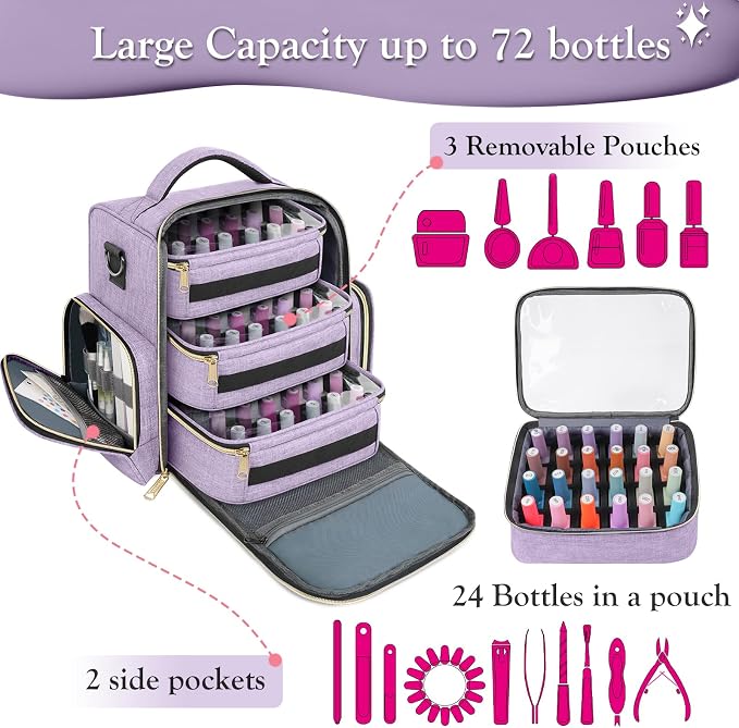 YOREPEK Nail Polish Organizer with 3 Removable Pouches & 72 Slots, Purple | Nail Polish Storage with Multiple Storage Sections for Nail Lamp, Manicure Set, Holds 72 Bottles, Gifts for Manicurist