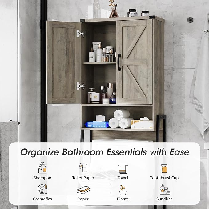 Vabches Over The Toilet Storage Cabinet with 2-Door Design Bathroom Organizers and Storage with Anti-Tip Device Over Toilet Organizer with Shelves for Bathroom,Restroom,Laundry Grey
