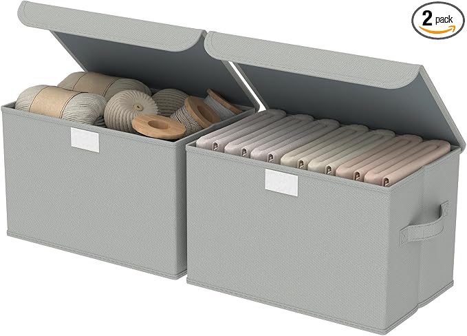 Storage Bin with Lid, Closet Boxes, 2 Pack, Grey, 10.2x7.9x6.7 In | Fabric Organizers System with Cover, Collapsible Stackable Clothes Basket with 2 Handles, for Kitchen Cupboards, TV Consoles