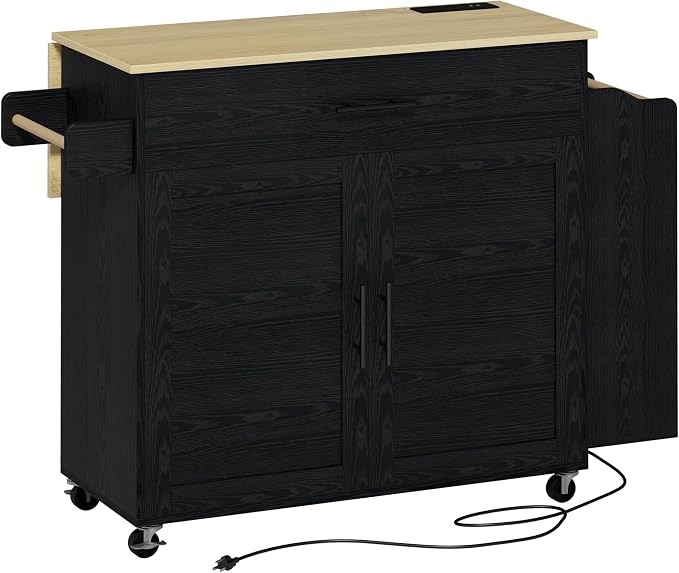 IRONCK Kitchen Island with Storage, Charging Station and Drop Leaf, Black | Wheels, Drawers, Open Shelves, Drawer Storage, Everyday Home Use