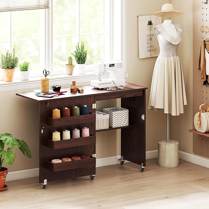 Giantex Folding Sewing Table with Charging Station, Storage Trays & Shelf | Rolling Craft Table with Lockable Wheels, Foldable Sewing Machine Cabinet Desk for Small Spaces, Dorms, Espresso