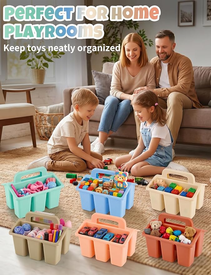 6 Pack Classroom Caddy Organizer with Handle, Table Caddy Classroom | 4 Compartments, 9×6.3×6.7 inches, Thick Durable PP Plastic, Built-in Handle, Stackable Design, for Classroom Desk Office Home