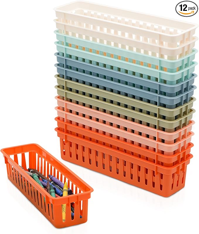 4E's Novelty 12 Pack Pencil Holder for Kids Desk, Boho Plastic Pen Baskets Tray for Organizing Classroom, Caddy Bins for Students Desk Elementary Teacher Classroom Organization and Storage Supplies