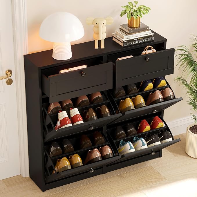 VOWNER Shoe Cabinet with 4 Flip Drawers & 2 Drawers, Freestanding Shoe Storage Cabinet with Adjustable Shelves, Shoe Organizer for Entryway, Hallway, Living Room (Black)