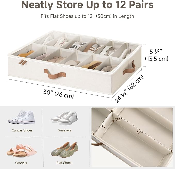 StorageWorks 2-Pack 24-Pair Under Bed Shoe Storage Organizer, Beige | Adjustable Dividers, Up to 12 Pairs Each, 5.25" Height, Fits 6-inch+ Clearance, Clear Top, Soft Handles, For Closet, Bedroom