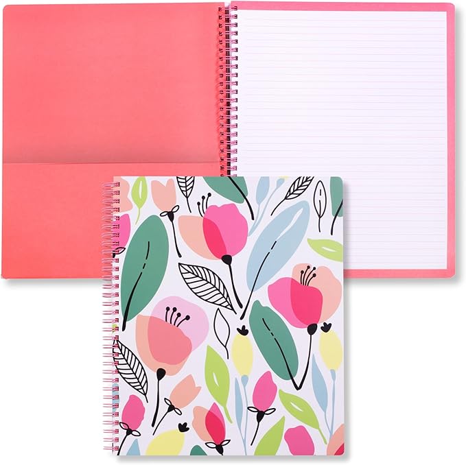 Steel Mill & Co Cute Large Spiral Notebook College Ruled, 11" x 9.5" with Durable Hardcover and 160 Lined Pages, Pink Poppy