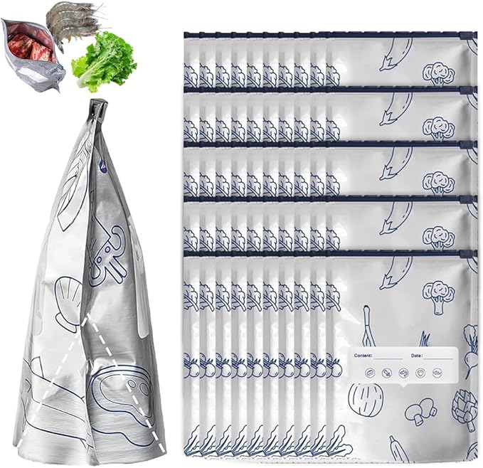 Reusable Aluminum Foil Sealable Storage Bags, Vacuum Zipper Pouches with Label and Stand Up Bottom Design, Leakproof Durable Food Storage Bags for Vegetables Fruits Meat (30, 3 Size)