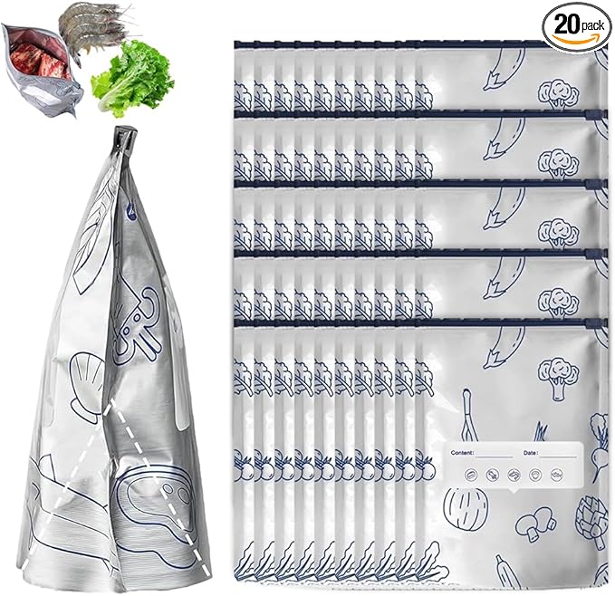 Reusable Aluminum Foil Sealable Storage Bags, Vacuum Zipper Pouches with Label and Stand Up Bottom Design, Leakproof Durable Food Storage Bags for Vegetables Fruits Meat (20, Large)