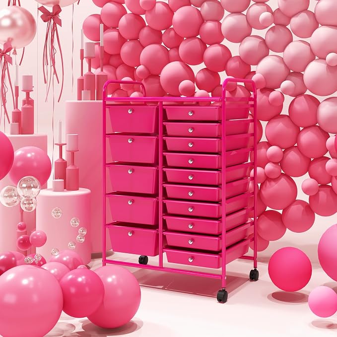 Moccha 15-Drawer Rolling Storage Cart - Under Desk Storage Drawers with wheels for Craft Art Supply Paper Salon, Scrapbook Paper Tools, Mobile Utility Cart for Classroom (15 Drawers, Hot Pink)