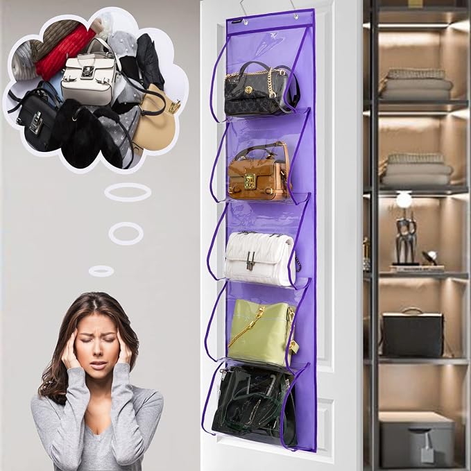 Over Door Hanging Purse Organizer Handbags Holder with 5 Easy Access Pockets Organizer Storage for Towel Scarf Umbrella (Purple)