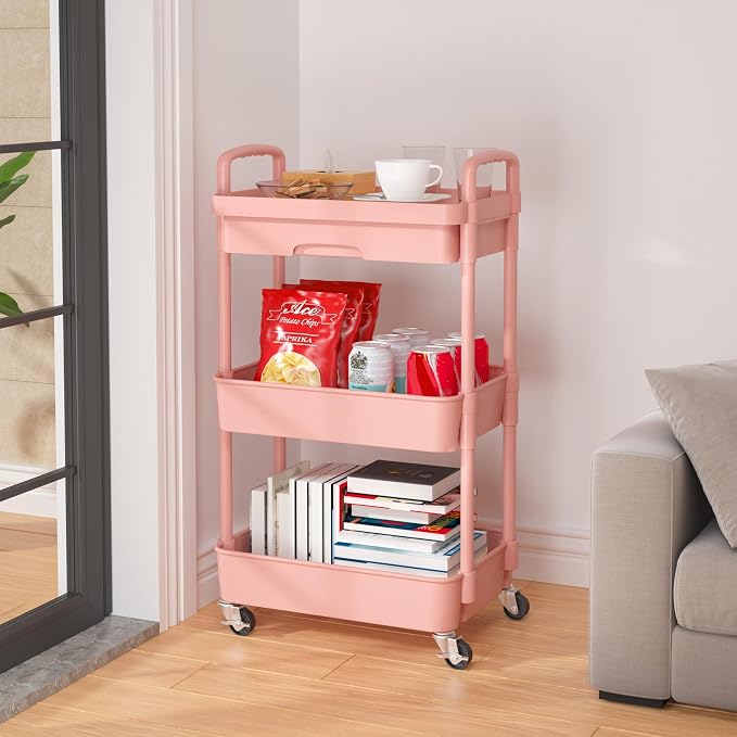 Calmootey 3-Tier Rolling Utility Cart with Drawer,Multifunctional Storage Organizer with Plastic Shelf & Metal Wheel,Storage Cart for Kitchen,Bathroom,Living Room,Office,Pink | Space-Saving Organizer, Sturdy Plastic Shelves, Smooth-Rolling Metal Wheels...