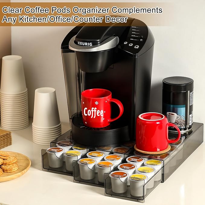 Sturdy Acrylic Coffee Pod Holder Organizer for K Cup, Under Brewer Sliding Drawer for K-cup, 36 Pods Storage for Kpods - Coffee Accessories for Keurig/Other Coffee Maker on Counter, Clear Black