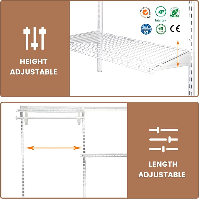 PROWORX 5-8 Ft Closet Organizer System, White Adjustable Custom Metal Wire Shelving Wall Mounted, Expandable Organization and Storage Shelf Kit with Hanging Rods