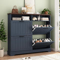 Shoe Storage Cabinet with 4 Flip Drawers, Farmhouse Modern Hidden Shoes Rack Cabinet with Adjustable Shelves & Open Storage, Narrow Slim Shoe Organizer for Front Door Entrance, Entryway, Navy Blue
