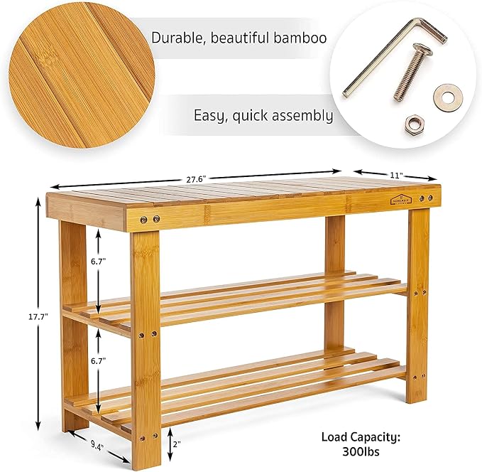 Purawood Bamboo 3 Tier Shoe Rack Bench, Premium Shoe Organizer or Entryway Bench, Perfect for Shoe Cubby, Entry Bench, Bathroom Bench, Entryway Organizer, Hallway or Living Room