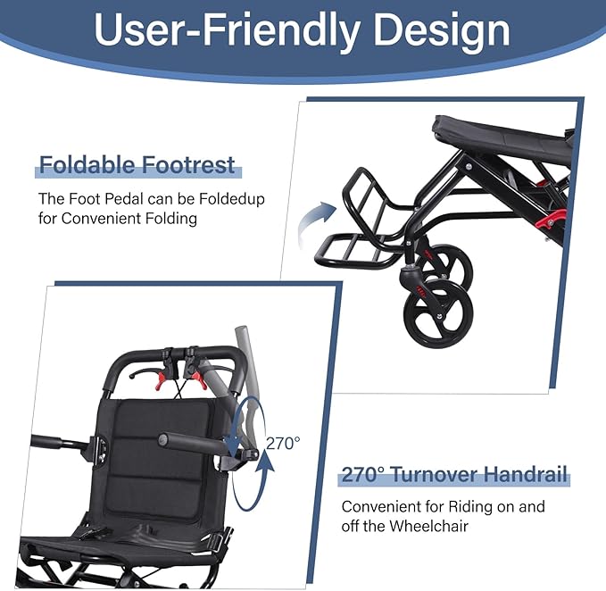 Lightweight Foldable Transport Wheelchair for Adults, 18.1” Extra Wide Seat (Upgraded from 15”), 300 lb Capacity, Easy Folding, Travel-Friendly Design