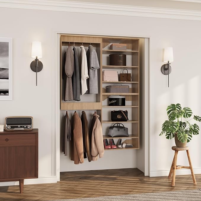 ROOMTEC Modular Closet System, 61" Wall-Mounted Closet Organizer with Hanging Rods and Shelves, Wooden Tower for Walk-In Closets, Wardrobe Storage Kit, Wood