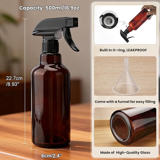 16oz Glass Spray Bottle 1 Pack, Adjustable Mist Stream, Brown | Refillable glass spray containers for hair care, plant maintenance, cleaning & essential oils
