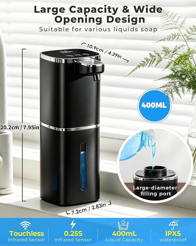 Automatic Soap Dispenser, USB Rechargeable, Touchless & Wall/Tabletop | 13.5oz/400mL, 9-Level Adjustable, IPX5 Waterproof，Compatible with Thick Thin Dish Soap for Kitchen Bathroom, Black