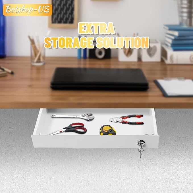 14" Under Desk Mounted Drawer, White Slide Out Pull-out Drawer Attachable Storage Drawers, Lockable Under Drawers for Sit Workstation Office