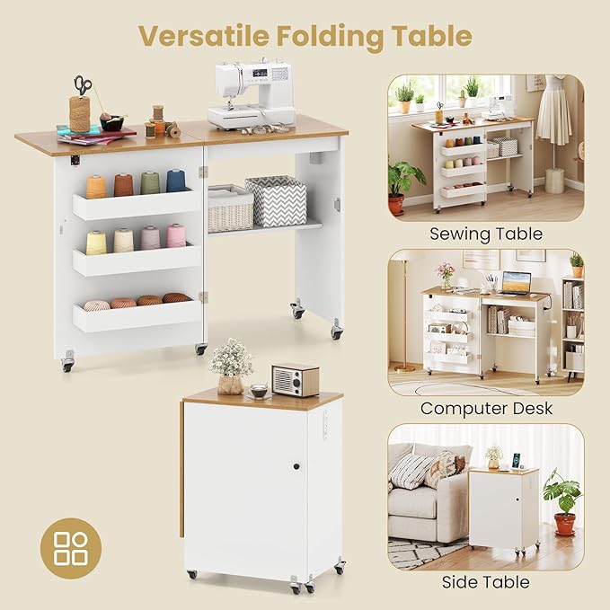 Giantex Folding Sewing Table with Charging Station, Storage Trays & Shelf | Rolling Craft Table with Lockable Wheels, Foldable Sewing Machine Cabinet Desk for Small Spaces, Dorms, White & Natural