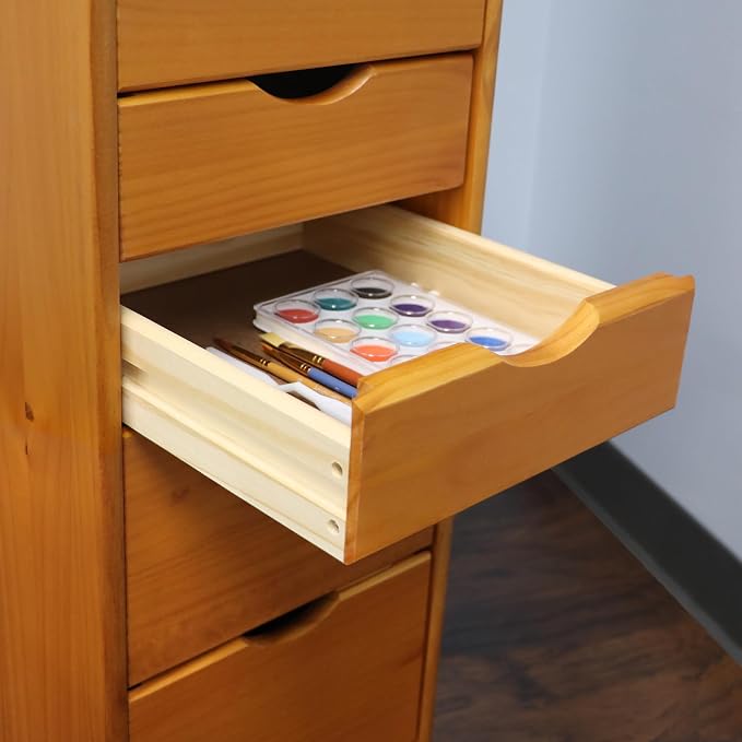 Jela-USA Solid Pine Wood 8 Drawer Rolling Cart, Honey Pine