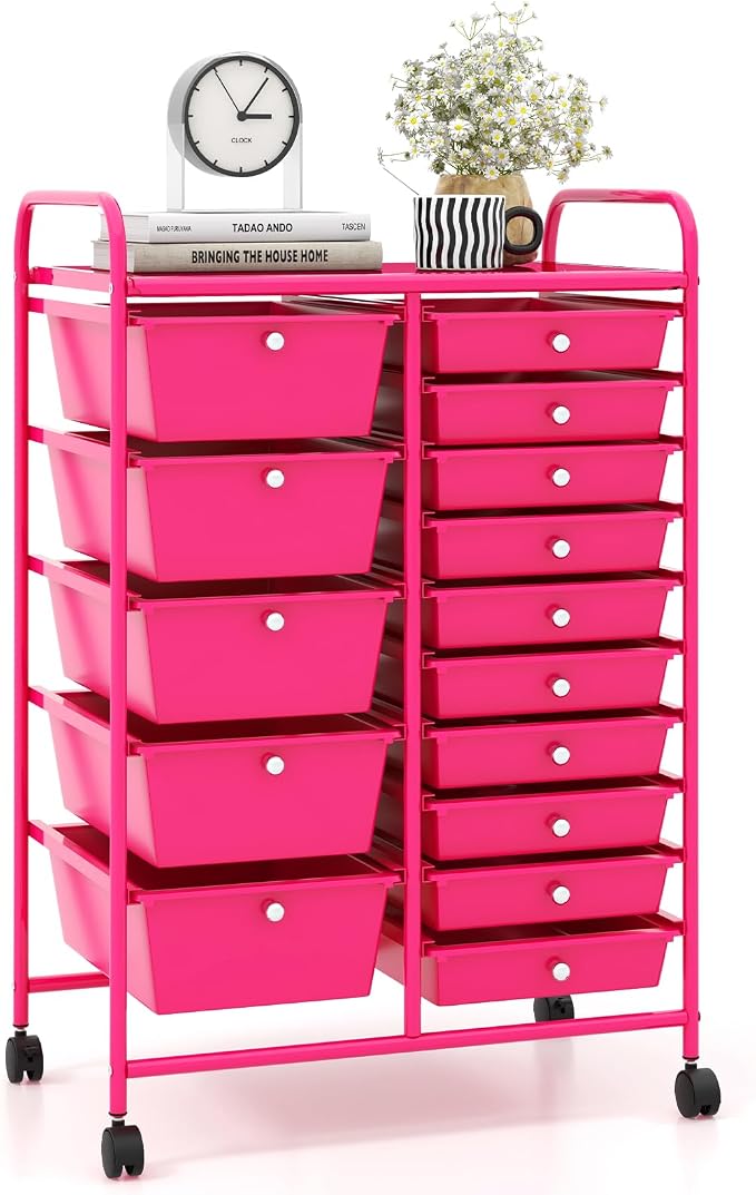 Giantex 15 Drawers Rolling Cart, Classroom Organizers, Storage Cart with Wheels, for Teacher Office Home School Supplies Tool Craft Art Paper