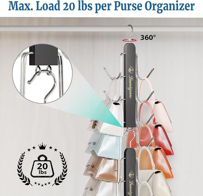 Purse Hanger, Purse Organizer for Closet with 8 Hooks for Heavy Bags, Sturdy Bag Storage, Rotatable Handbag Holder, Purse Rack Space Saving Backpack Hanging Closet Organizer Hangers, Black