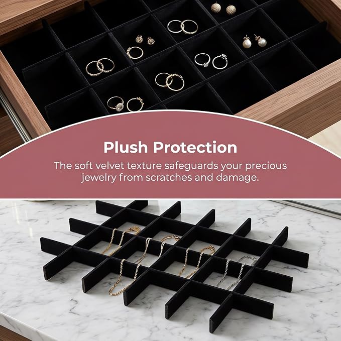 Ipetboom 1 Set Jewelry Tray Organizer, Velvet Storage Divider for Drawers Boxes, Showcase Display Insert Grid Lattice Separators for Rings Earrings Necklaces Bracelets Holding