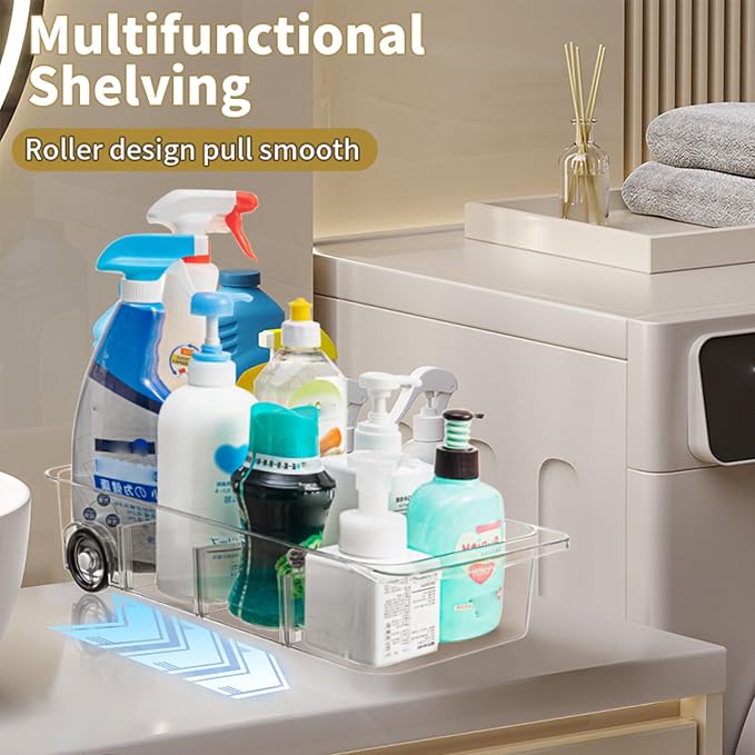 Roll-Out Refrigerator Organizers and Storage, 3 Pack Drawer Fridge Bins | Adjustable Dividers, Custom Compartments, Silicone Wheels, Smooth Sliding on Glass Shelves, Thick Plastic, Built-In Handle