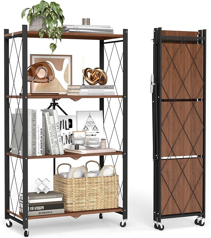 4 Tier Folding Storage Shelves with Wheels, Foldable Bookshelf No Assembly Collapsible Shelf Heavy Duty Rolling Shelving Unit for Kitchen Bedroom Living Room (Black, 27.9"x 13.3"x 49")