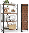 4 Tier Folding Storage Shelves with Wheels, Foldable Bookshelf No Assembly Collapsible Shelf Heavy Duty Rolling Shelving Unit for Kitchen Bedroom Living Room (Black, 27.9"x 13.3"x 49")