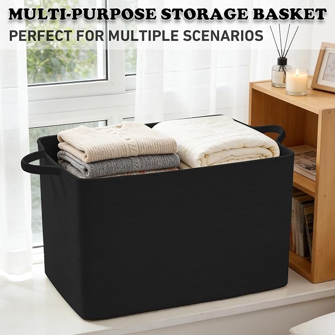 96L Extra Large Black Cotton Rope Laundry Basket with Sturdy Handle | 24x16x15 Foldable Rectangular Blanket Basket for Toys, Clothes & Pillows,Ideal for Nursery, Bathroom, Bedroom, Living Room