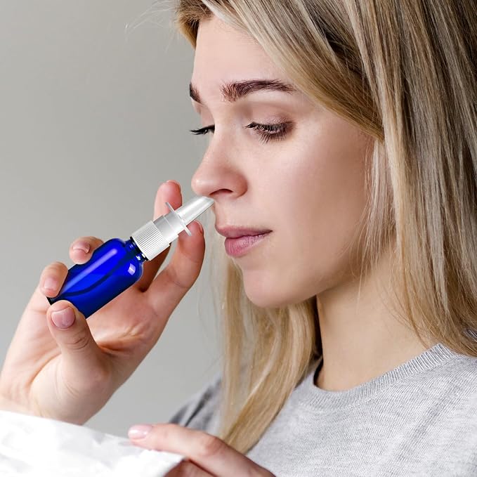 60 Pcs Nasal Spray Bottle Empty, Blue Glass Refillable Fine Mist Nasal Spray Bottles with 12 Funnels and 12 Labels (30ML/1oz)