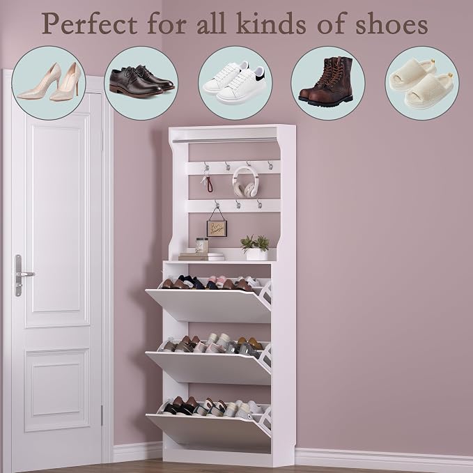 BORNOON Shoe Cabinet with 3 Flip Drawers & Coat Rack, Narrow Hidden Shoe Storage Cabinet, 2-in-1 Hall Tree Slim Freestanding Shoe Rack Organizer for Entryway, Hallway, and Living Room