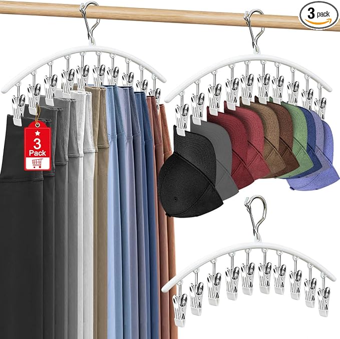 3 Pack Hat Hangers for Closet, Metal Hat Organizer for Baseball Caps | Hats Rack Holder for Closet with 30 Clips, Hats Storage for Baseball Caps Beanie Accessories Men Women, White