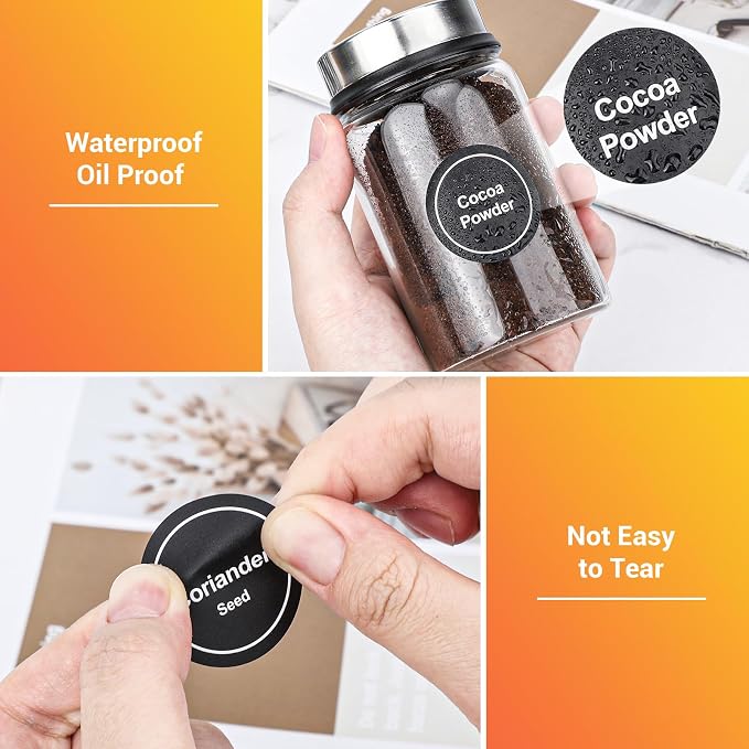 Segarty Preprinted Spice Labels, 432 Round Black Printed Pantry Labels and Blank Stickers with 1 Chalk Marker Set, Reusable Write-on Stickers for Spice Jars Rack, Food Containers, Seasoning Bottles