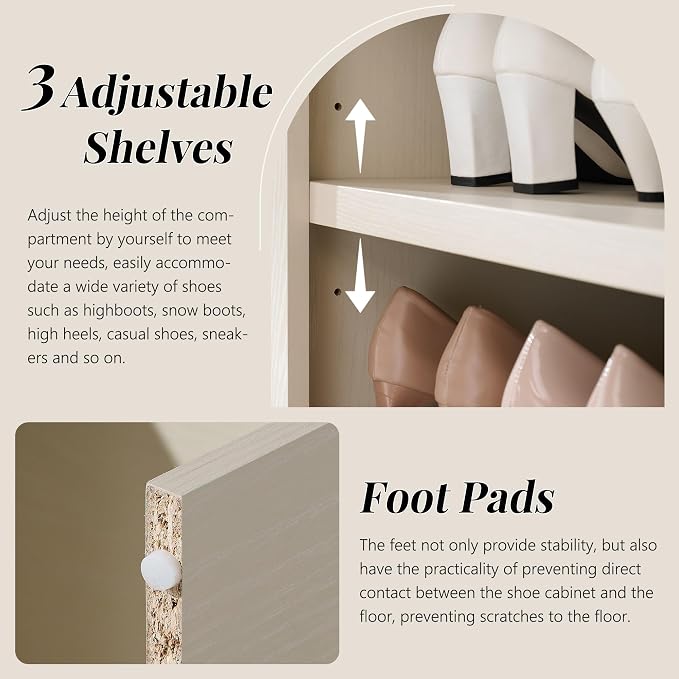 IFGET 67" Tall Arched Shoe Storage Cabinet, 8 Tiers 8 Pairs Wooden Shoe Rack with 3 Adjustable Shelves, Freestanding Shoe Closet Shelf Organizer for Entryway, Hallway, Living Room (Cream)