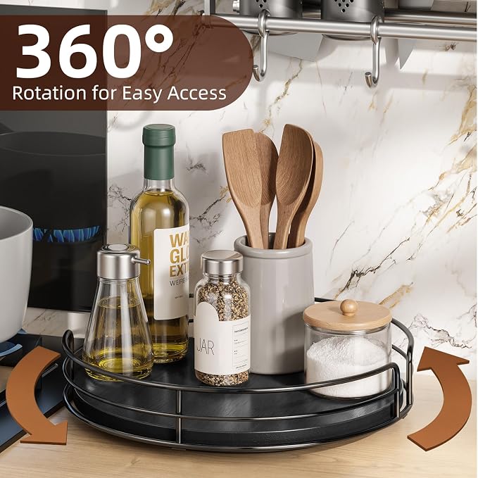 Optish 2 Pack 9" 10" Lazy Susan Turntable for Table Top, Wooden Lazy Susan Organizer for Cabinet, Kitchen, Countertop, Pantry, Spice Organizer, Bathroom, Vanity, Table Decor, Black