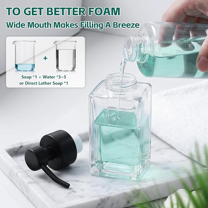 Foaming Soap Dispenser, 12oz/350ml Glass Foaming Hand Soap Dispenser Set, 2Pcs Refillable Foam Soap Dispenser With Foaming Pump, Labels, Square Foam Soap Hand Dispenser For Bathroom, Kitchen