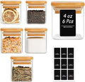 ComSaf Glass Spice Jars with Labels 4 oz 6 Pack Small Square Bamboo Lids | Empty Containers, Seasoning Herbs Powders, Salt Pepper Chili, Kitchen Cabinet Storage Starter Set, Dry Goods