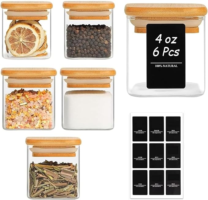 ComSaf Glass Spice Jars with Labels 4 oz 6 Pack Small Square Bamboo Lids | Empty Containers, Seasoning Herbs Powders, Salt Pepper Chili, Kitchen Cabinet Storage Starter Set, Dry Goods